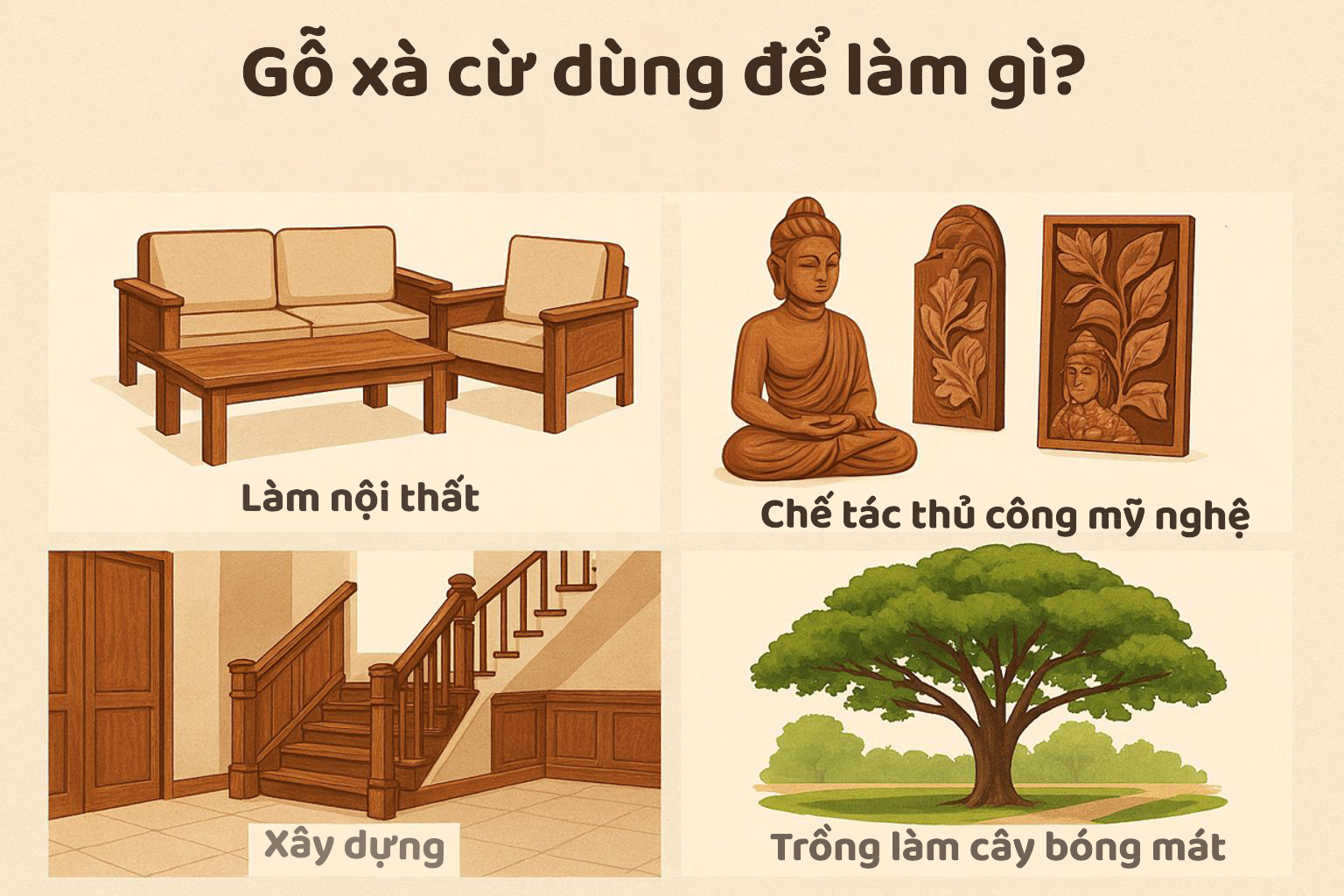 Công dụng của gỗ xà cừ trong nội thất, mỹ nghệ, xây dựng, cây xanh đô thị